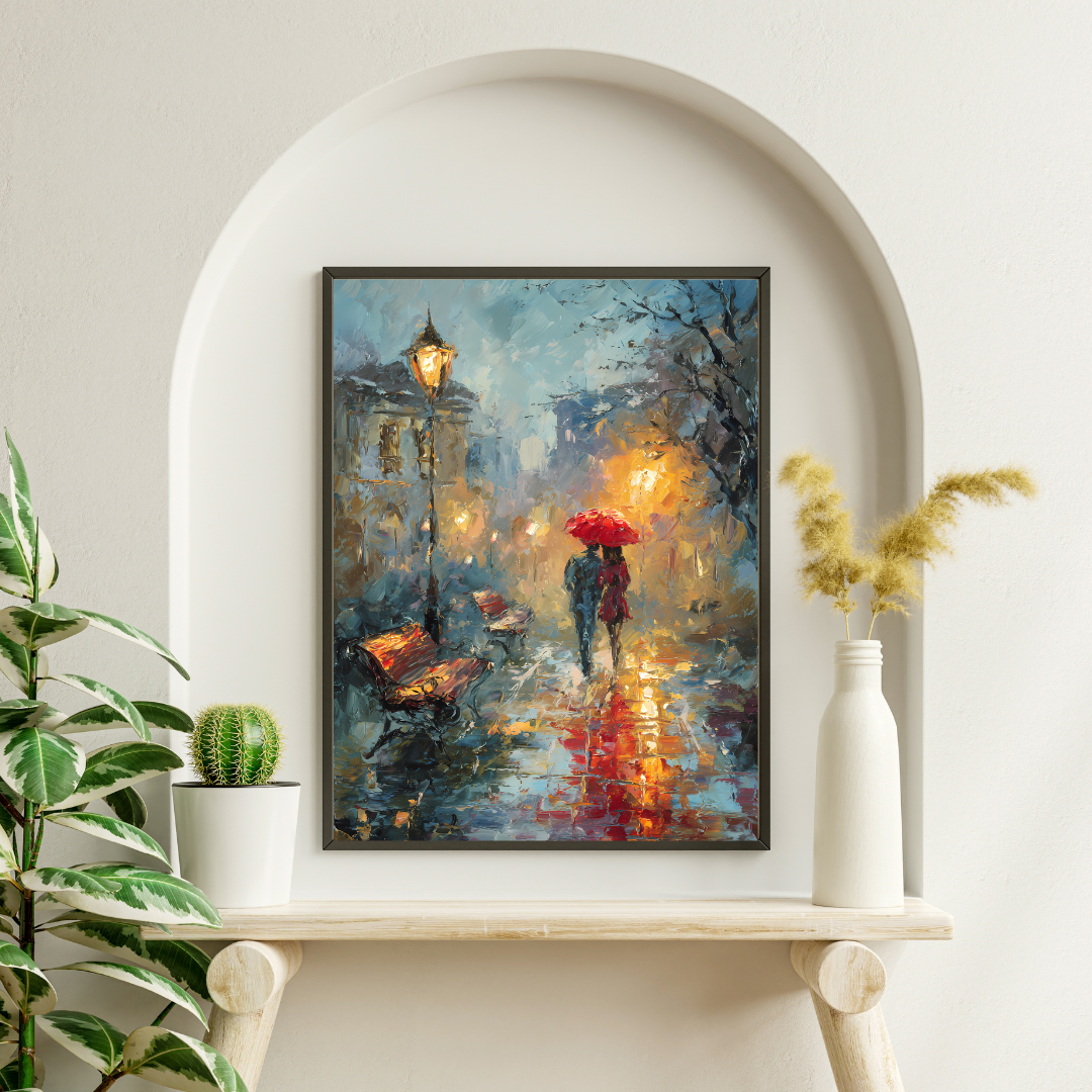 Red Umbrella Romance Rainy Night  Fine Art Poster