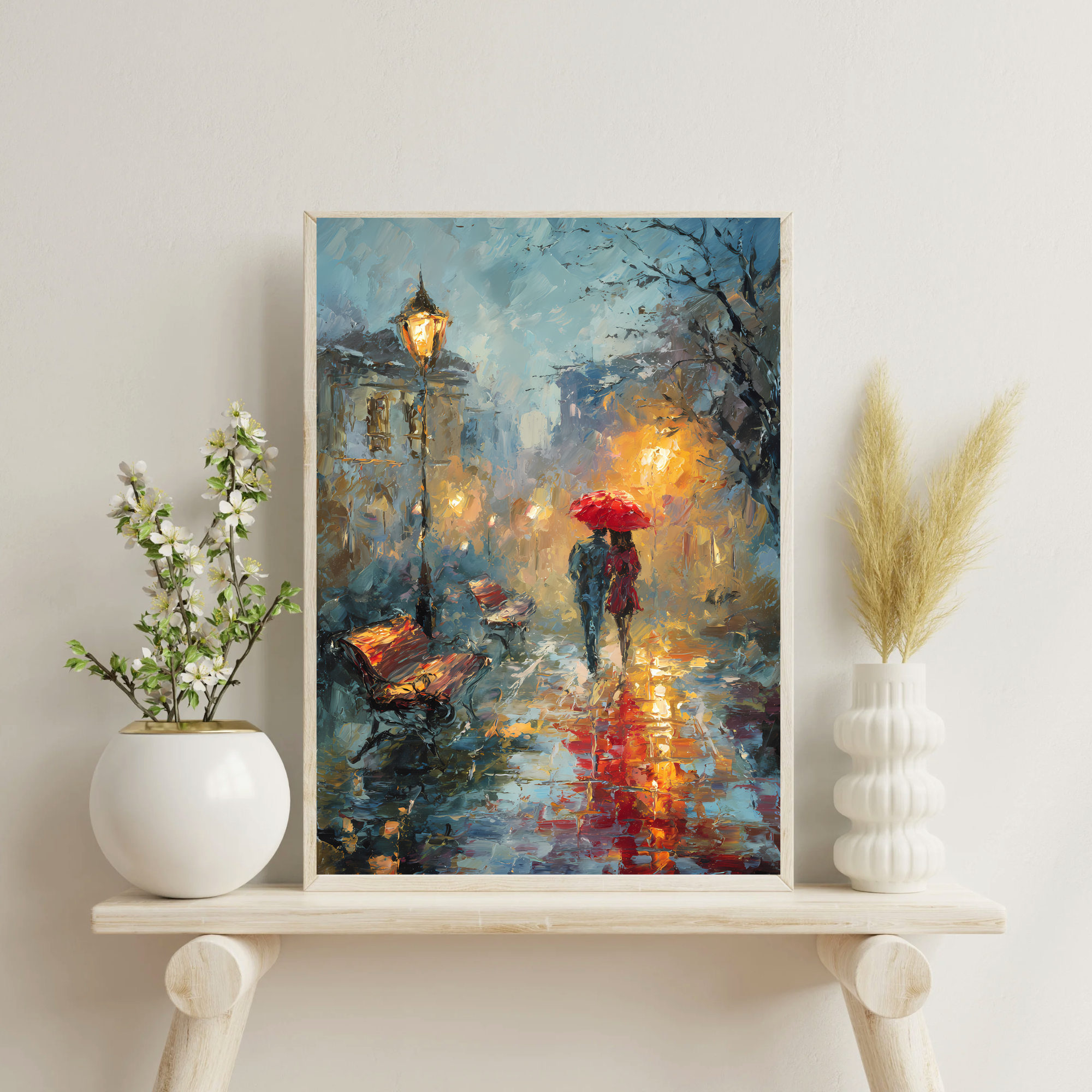 Red Umbrella Romance Rainy Night  Fine Art Poster
