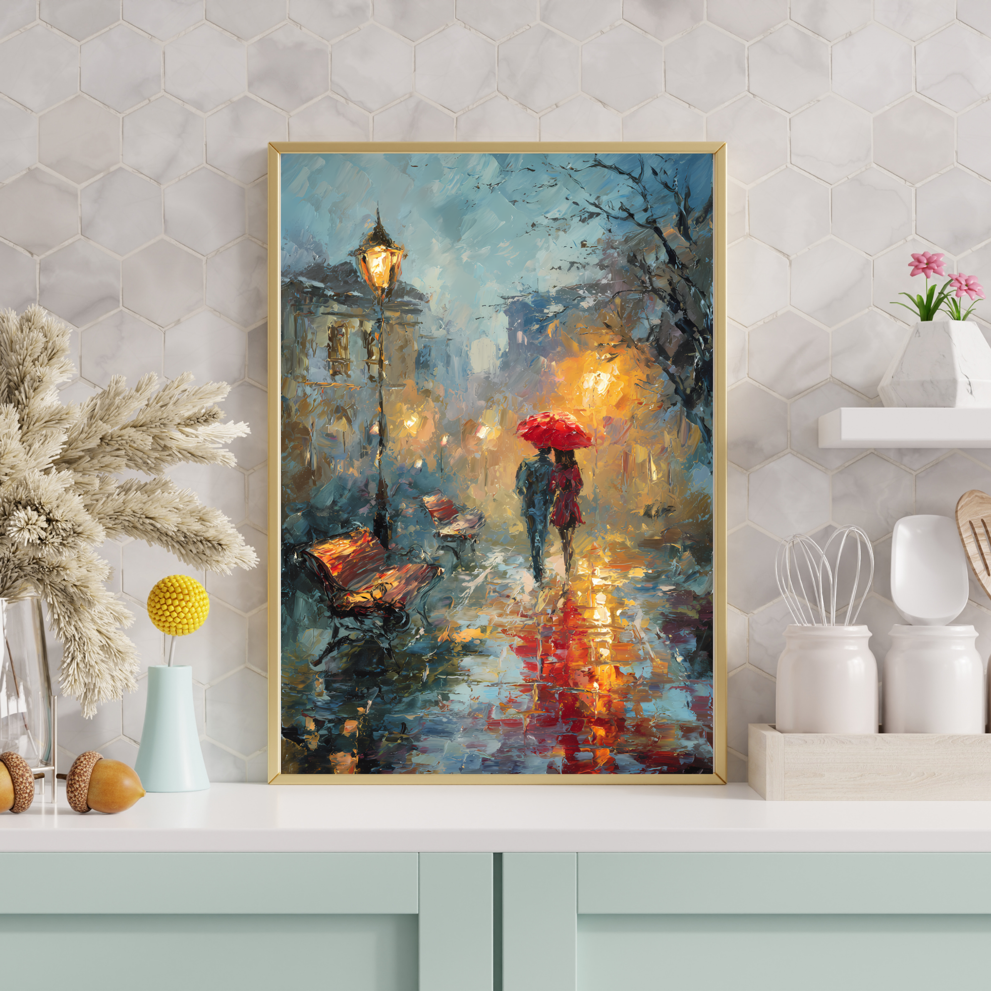 Red Umbrella Romance Rainy Night  Fine Art Poster
