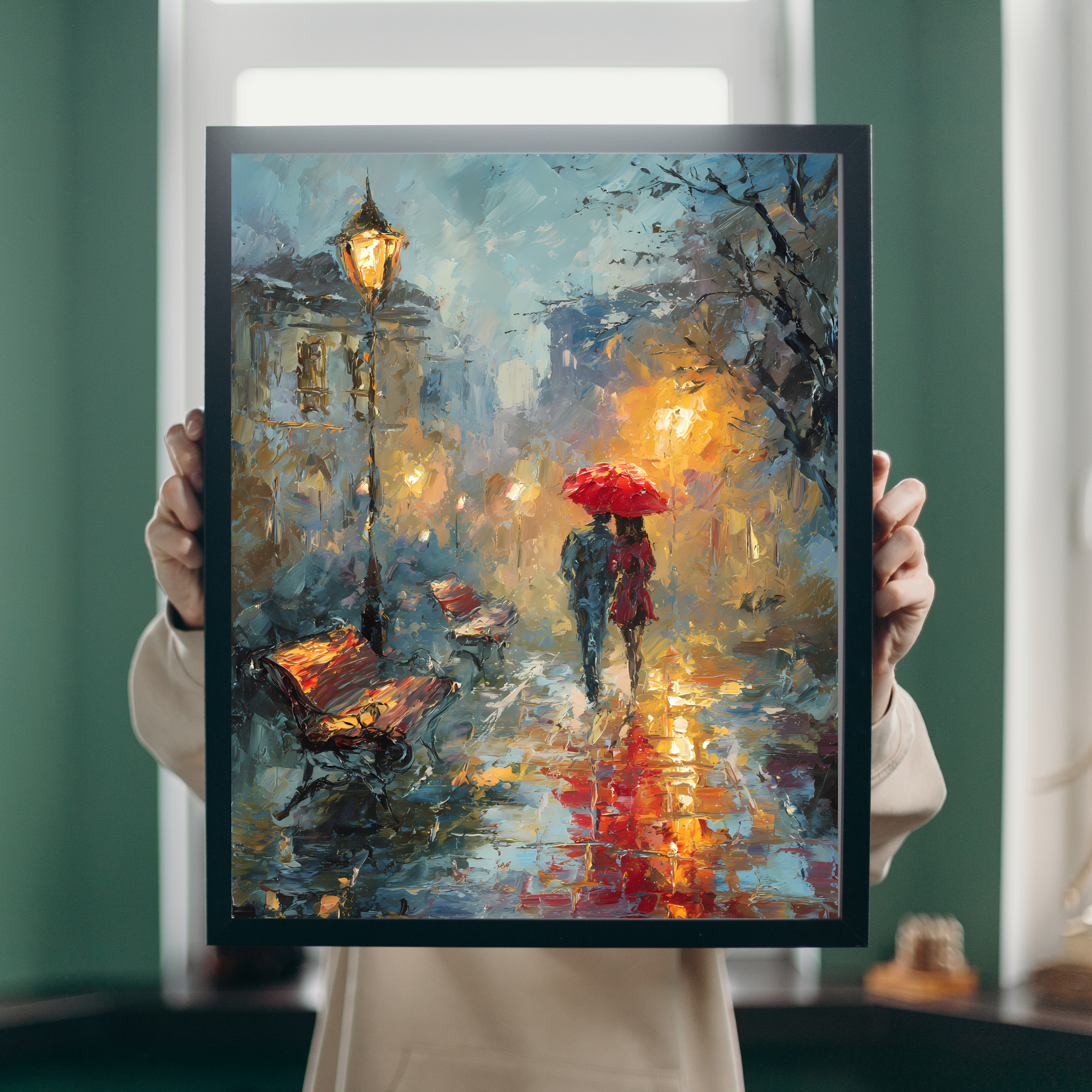 Red Umbrella Romance Rainy Night  Fine Art Poster