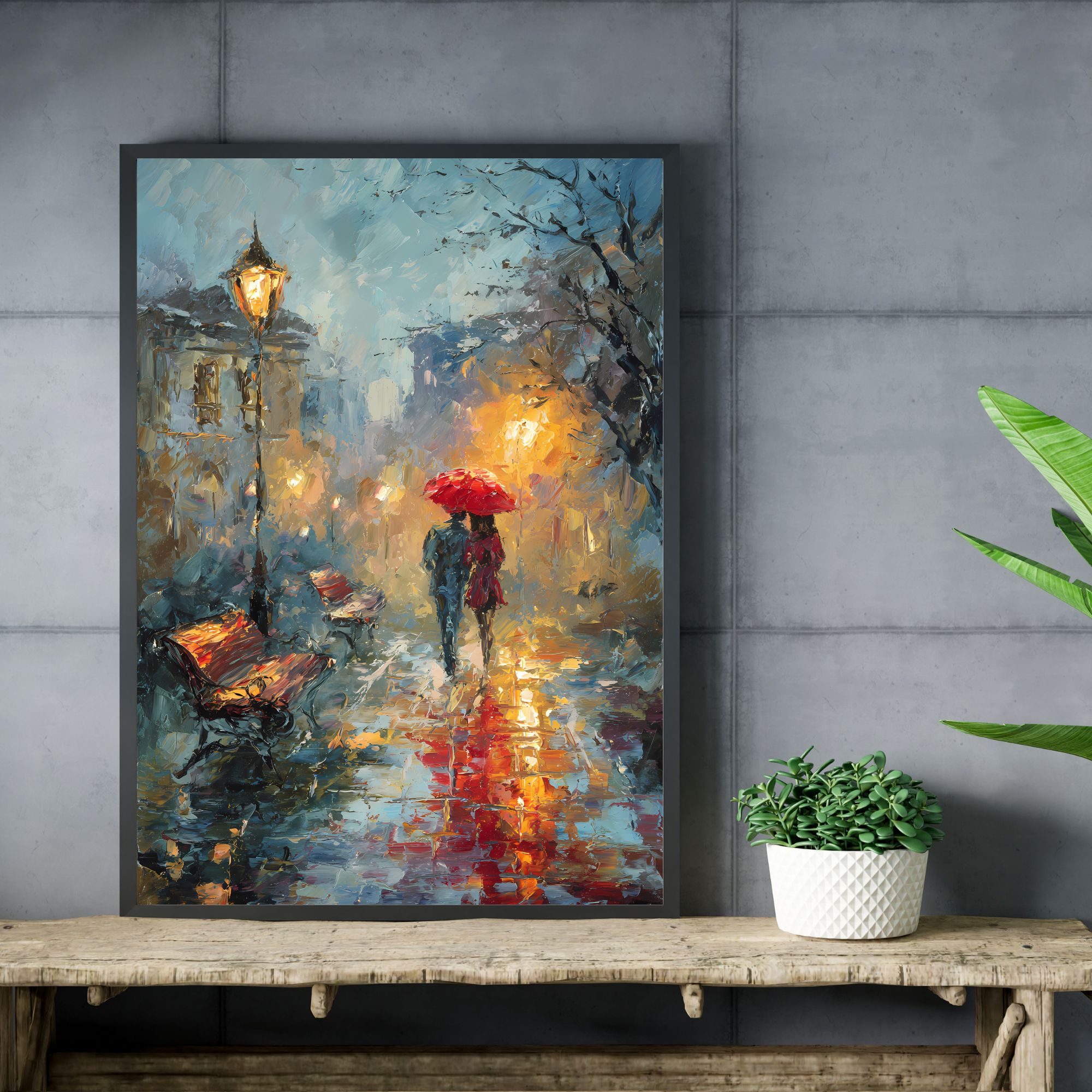 Red Umbrella Romance Rainy Night  Fine Art Poster