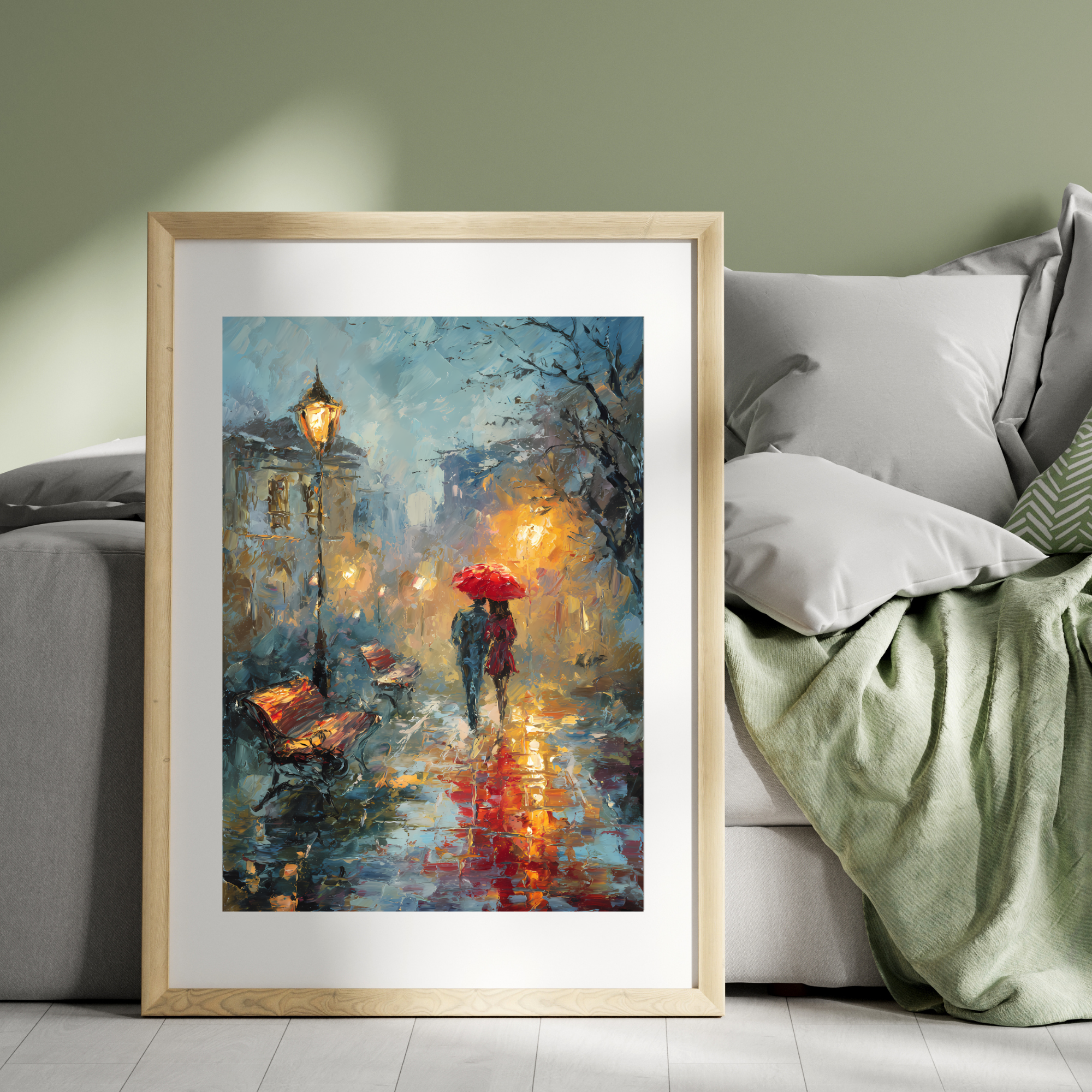 Red Umbrella Romance Rainy Night  Fine Art Poster