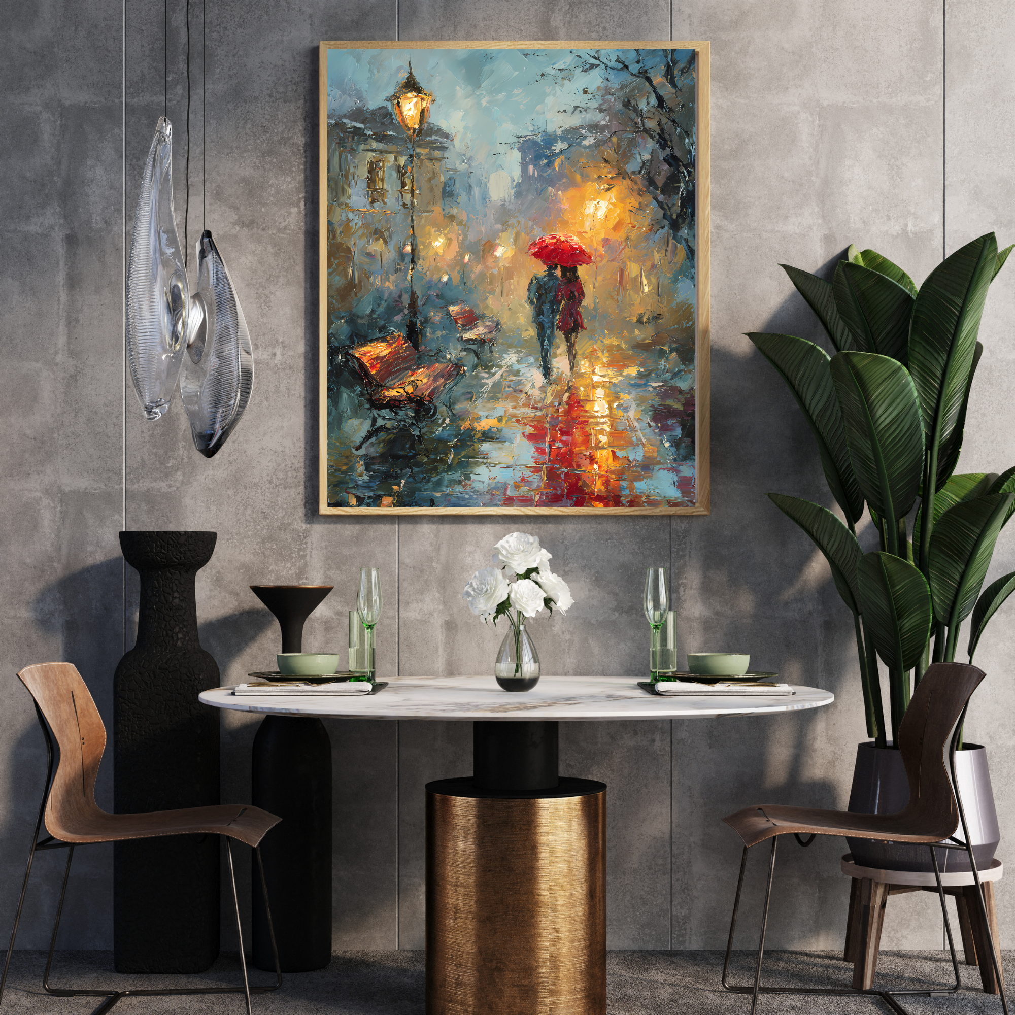 Red Umbrella Romance Rainy Night  Fine Art Poster