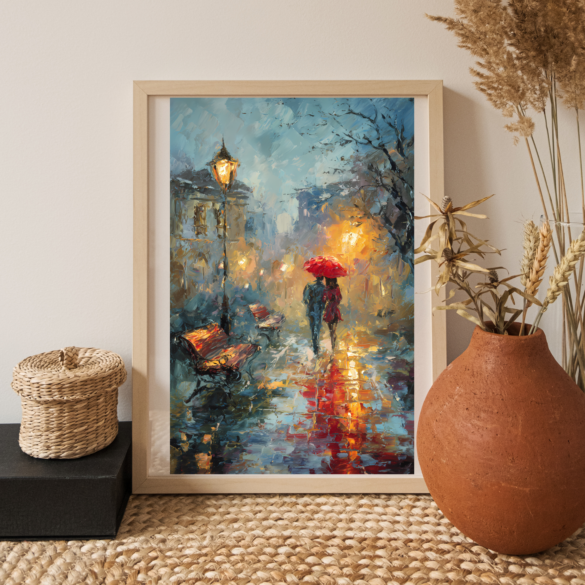 Red Umbrella Romance Rainy Night  Fine Art Poster