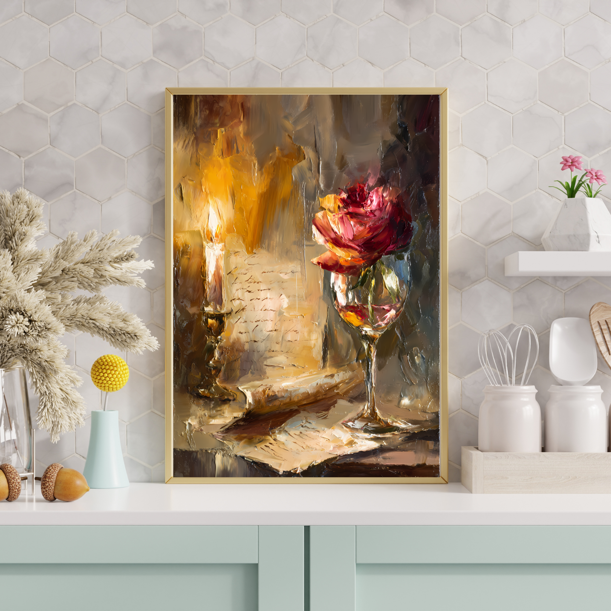 Romantic Fine Art Posters for Home Decor, Floral Wall Art, Vintage Candlelight Decor, Gift for Art Lovers, Bedroom Wall Aesthetic